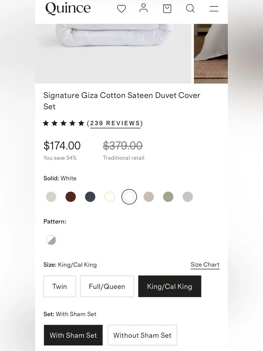 NWOT Quince Signature Giza Cotton Sateen 3 Pc Duvet Cover Set, King/Cal (White)